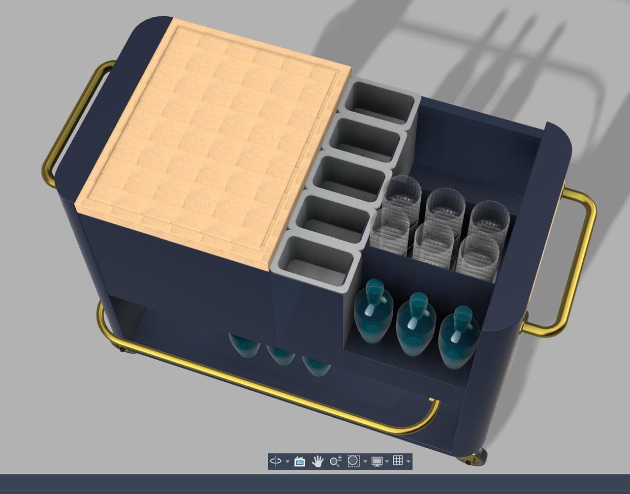 A 3D concept render of a navy and brass bar cart, part of the design stage before fabrication